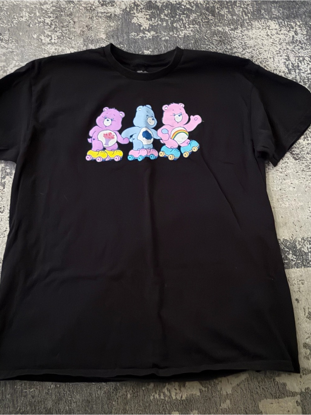 Care Bears Black Tee with Pink, Blue & Purple Bears on Roller Skates